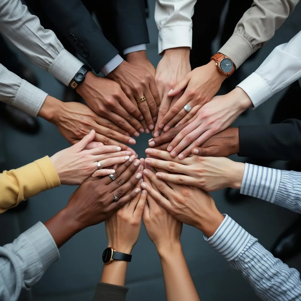 Diverse hands coming together, symbolizing our core values of collaboration and empowerment in Nottingham.